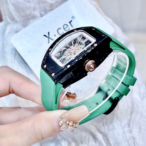 Xcer Lộ Cơ Skeleton |Nữ Giới |Mặt Full Đen |Dây Silicone Xanh Lá |Máy Tự Động (Automatic) |Size 36mm