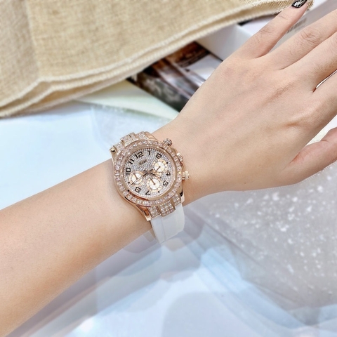 Xcer Tựa Rolex |Nữ Giới |Full Đá Rose Gold |Dây Silicone Trắng |Máy Pin (Quartz) |Size 38mm