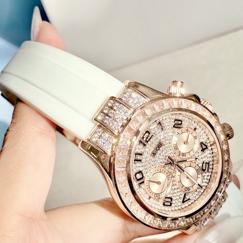 Xcer Tựa Rolex |Nữ Giới |Full Đá Rose Gold |Dây Silicone Trắng |Máy Pin (Quartz) |Size 38mm
