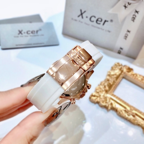 Xcer Tựa Rolex |Nữ Giới |Full Đá Rose Gold |Dây Silicone Trắng |Máy Pin (Quartz) |Size 38mm