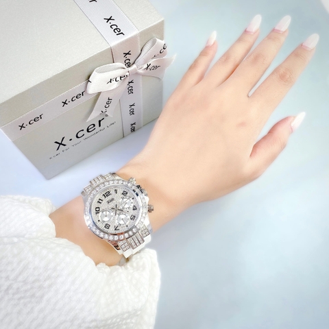 Xcer Tựa Rolex |Nữ Giới |Full Đá Silver |Dây Silicone Trắng |Máy Pin (Quartz) |Size 38mm