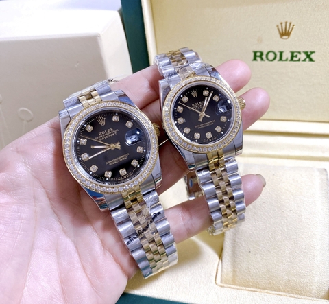 Rolex Đính Đá |Cặp Đôi |Mặt Đen |Dây Kim Loại Demi Vàng |Máy Pin (Máy Quartz) |Size 36x31mm