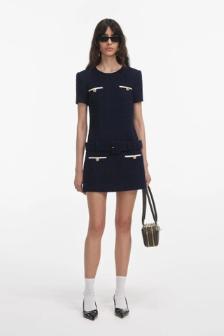 Váy dạ tweed SELF PORTRAIT navy kèm belt