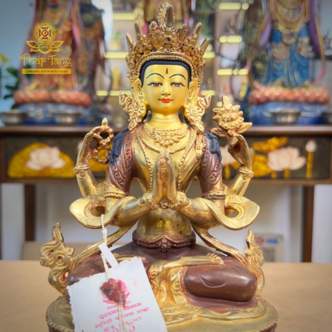 Thánh Tượng Quan Âm Tứ Thủ Đồng Mạ Vàng Nepal 23cm