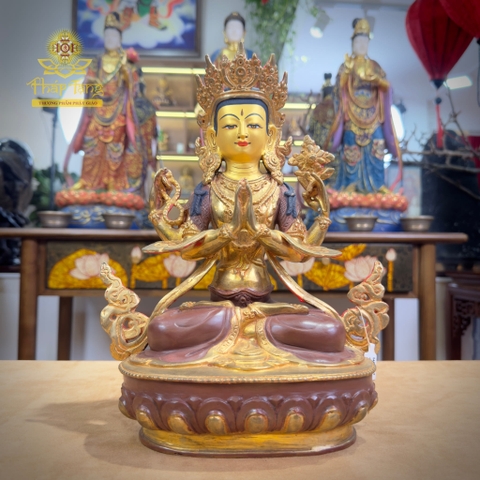 Thánh Tượng Quan Âm Tứ Thủ Đồng Mạ Vàng Nepal 32cm