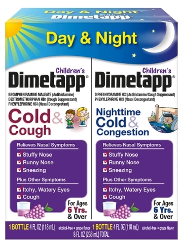 Siro trị ho và cảm lạnh dành cho trẻ em trên 6 tuổi children's dimetapp day and nighttime cold & cough 2 pack