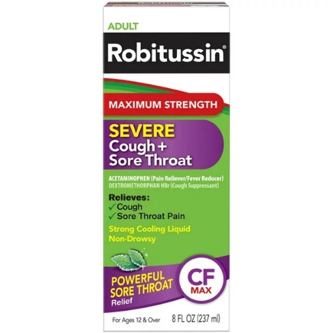 Siro trị ho, tắc nghẽn ngực dành cho người lớn robitussin adult maximum strength severe cough and sore throat relief syrup 8 fl. oz