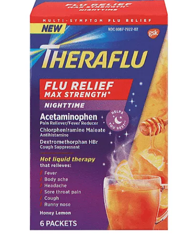 Thuốc làm dịu cảm cúm, cảm lạnh nặng dạng bột vị chanh mật ong 6 gói - theraflu nighttime max strength honey lemon multi-symptom flu relief 6 packs