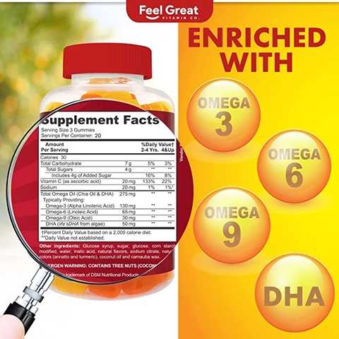 Kẹo dẻo bổ sung Omega Vitamin C và DHA của Feel Great, 60 gummies