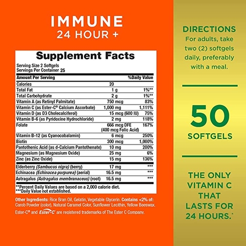 Viên uống hỗ trợ miễn dịch 24 giờ Nature's Bounty Immune 24 Hour+ với 1000 mg Ester-C, 50 viên
