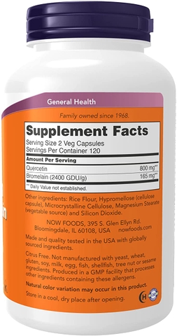 Viên uống cân bằng hệ miễn dịch NOW Foods Supplements Quercetin with Bromelain Balanced Immune System, Pineapple, 240 viên