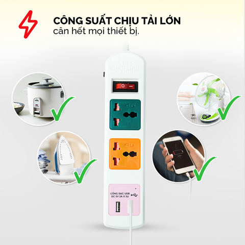Ổ cắm điện Honjianda Mã 05 - công suất tối đa 3.300W, tích hợp cổng USB dây dài 3m, chất liệu ABS chịu nhiệt tốt