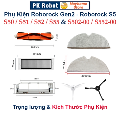 Phụ kiện Robot Xiaomi Roborock Gen2, Roborock S50, S51, S52, S55, S502, S552. Chổi lăn, chổi cạnh, khăn lau, bộ lọc //