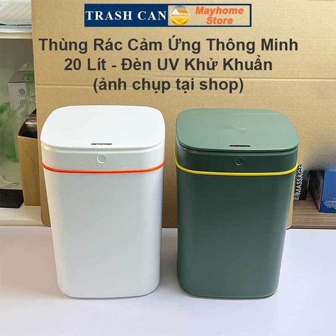 Thùng Rác Cảm Ứng Thông Minh Loại Sạc Pin Dung Tích 20L Có Đèn UV Khử Khuẩn, Tự Động Đóng Mở Nắp Với 2 Màu Trắng và Xanh