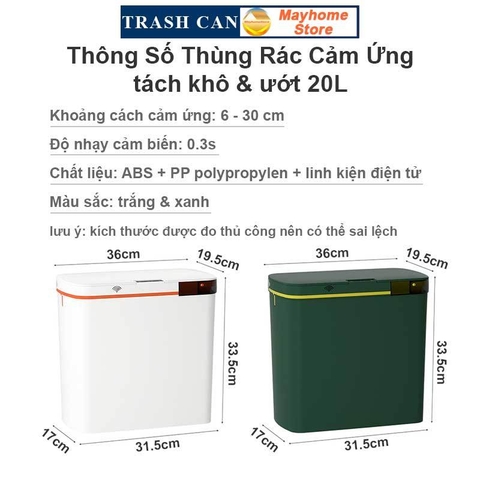 Thùng Rác Cảm Ứng Thông Minh 2 Ngăn 20L Tách Rác Khô & Ướt Sử Dụng Cho Phòng Khách và Gian Bếp Với 2 Màu Xanh và Trắng