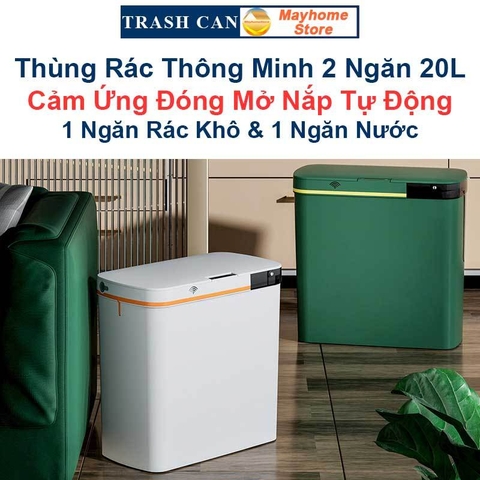Thùng Rác Cảm Ứng Thông Minh 2 Ngăn 20L Tách Rác Khô & Ướt Sử Dụng Cho Phòng Khách và Gian Bếp Với 2 Màu Xanh và Trắng