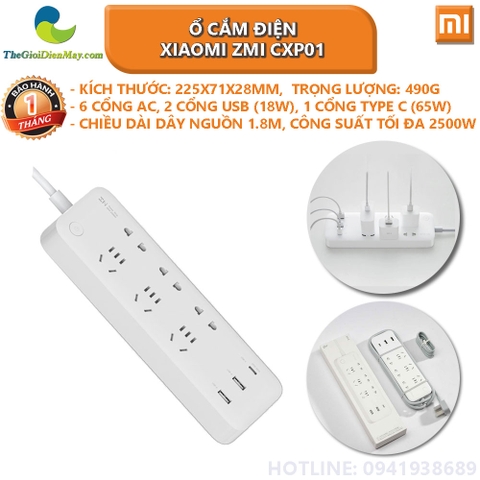 Ổ cắm điện Xiaomi ZMI CXP01 65W 6 cổng AC, 2 cổng USB, 1 cổng Type C