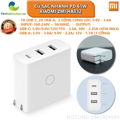 Củ sạc nhanh PD 65W Xiaomi ZMI HA832 2 cổng USB, 1 cổng Type C (hỗ trợ sạc laptop)