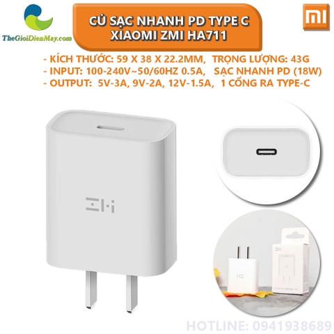 Củ sạc nhanh PD Type C 18W Xiaomi ZMI HA711