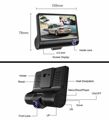 Camera hành trình oto 2 camera ngoài và camera trong xe Car DVR 2 Lens Dash Cam 4.0 Inch 1080p