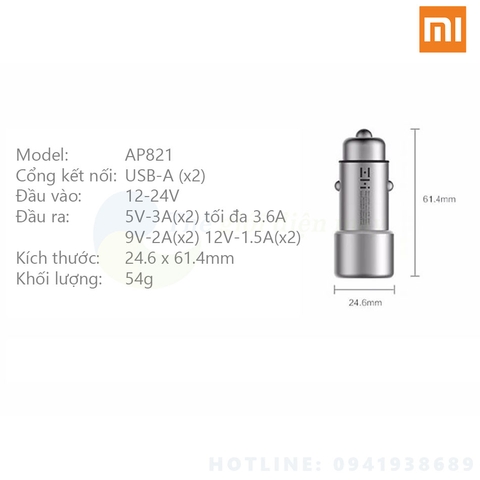 Tẩu sạc nhanh ô tô Xiaomi ZMI AP821 QC 3.0, vỏ đồng thau, hai cổng USB