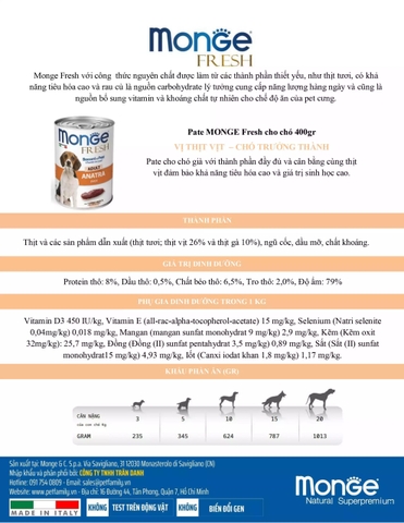 Pate chó Monge AD fresh thịt vịt 400g