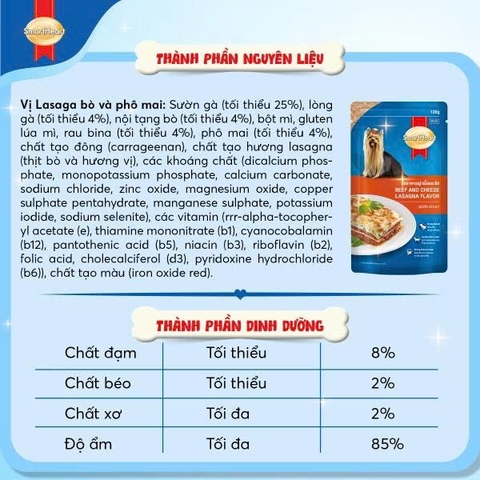 Thức ăn ướt cho chó dạng túi Smartheart Special 120g - Vị bò phô mai Lasagna kiểu Ý