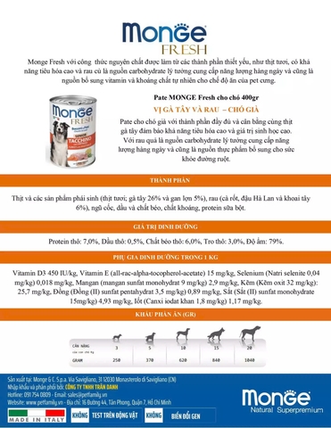 Pate chó Monge AD fresh gà tây 400g