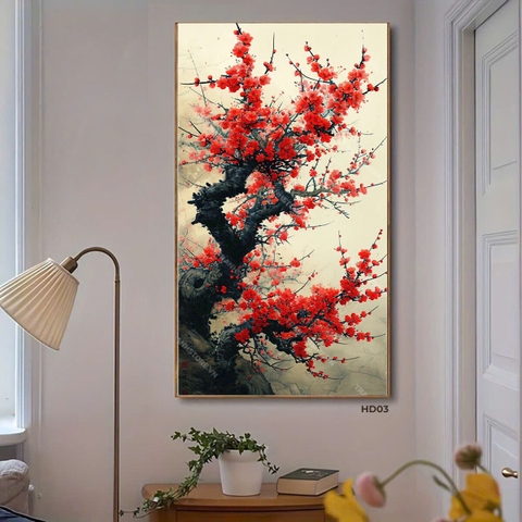 Tranh Thủy Mặc Gốc Đào Cổ Thụ Đỏ Bung Nở | HD03