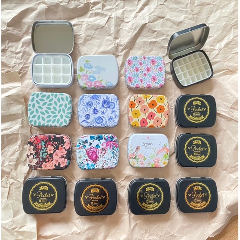 Hộp thiếc mini nhỏ Trắng Đen hoạ tiết đựng pan màu đựng đồ đa năng