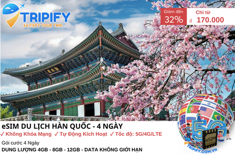 ESIM DU LỊCH HÀN QUỐC - 4 NGÀY | GIÁ ƯU ĐÃI CHỈ TỪ 170K - Hotline 0975.901.828