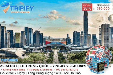 eSIM DU LỊCH TRUNG QUỐC GIÁ RẺ 7 NGÀY - DUNG LƯỢNG 2GB/NGÀY