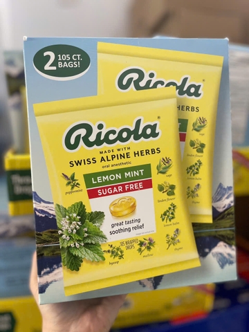 Set 2 Bịch Kẹo Ngậm Ho Thảo Mộc Vị Chanh Tươi Ricola Mỹ Không Đường ( 105 Viên )