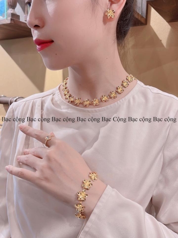 Bộ hoa đào bạc nguyên chất mạ vàng 24k
