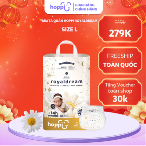 Bỉm - Tã quần Hoppi Royal Dream cao cấp, thấm hút 14 giờ cho bé size L 38 miếng (cho bé 9-14 kg)