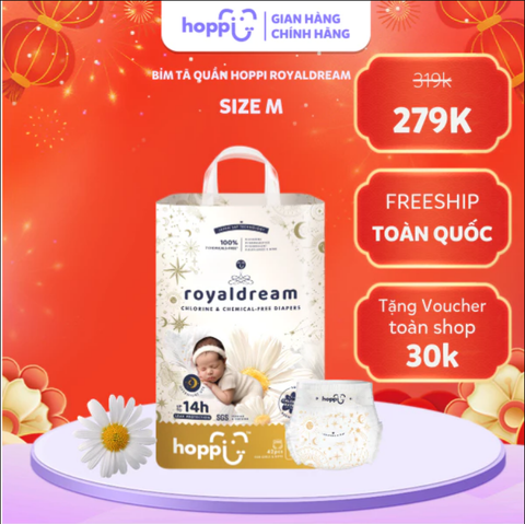 Bỉm - Tã quần Hoppi Royal Dream cao cấp, thấm hút 14 giờ cho bé size M 42 miếng (cho bé 6 - 11kg)