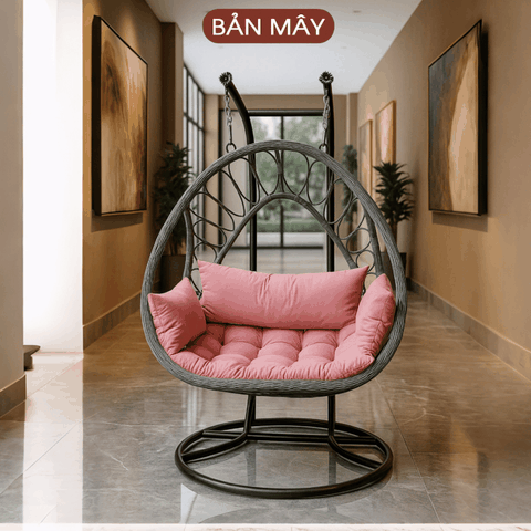 Xích đu oval lồng xám đệm hồng