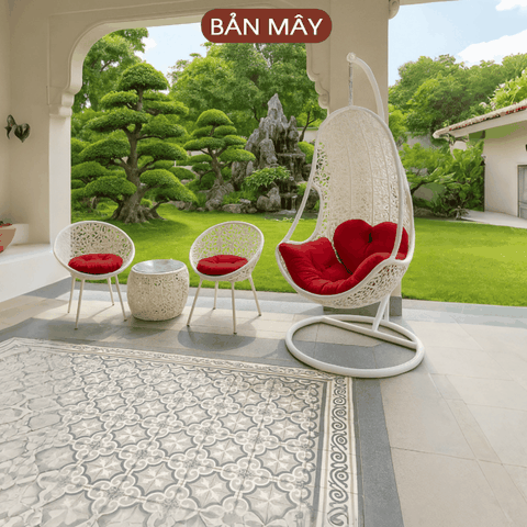 Bộ bàn ghế xích đu lưng tôm đan 3D
