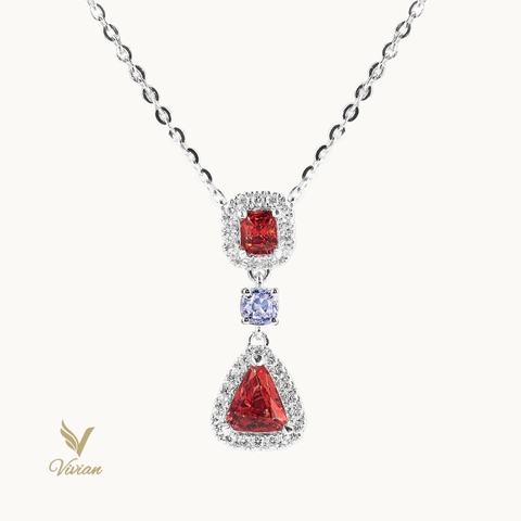 Dây chuyền vàng trắng 18K, gắn mặt dây đính Spinel thiên nhiên màu đỏ cam và kim cương thiên nhiên