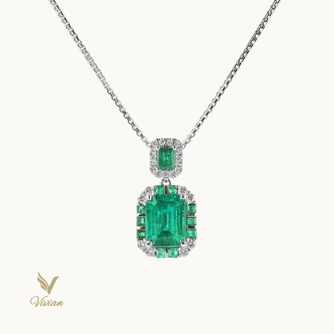 Dây chuyền vàng trắng 18K, viên chủ Emerald và viên phụ Emerald Columbia, gắn kim cương thiên nhiên