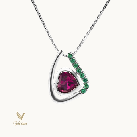 Dây chuyền vàng Ý 18K gắn viên chủ Garnet màu tím và emerald tấm vàng trắng 14K