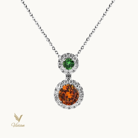 Dây chuyền vàng trắng 18K, gắn đá Garnet cam nâu thiên nhiên và 26 viên kim cương thiên nhiên