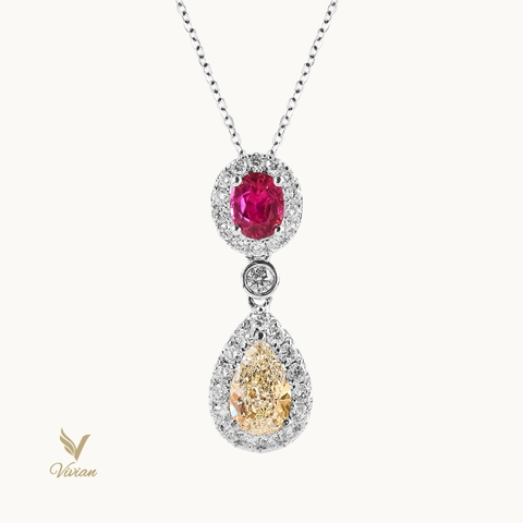 Dây chuyền vàng trắng gắn viên chủ kim cương vàng và đá Ruby không có dấu hiệu nhiệt