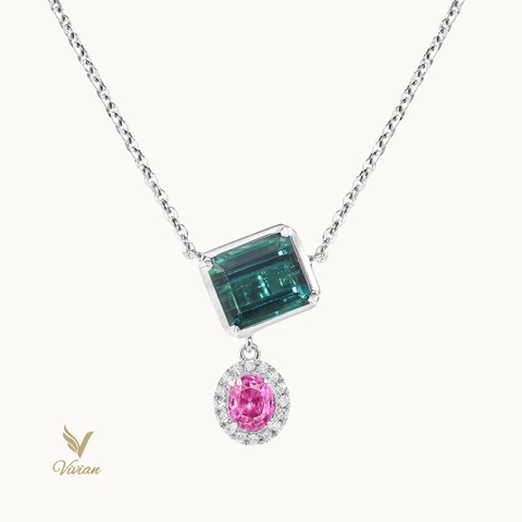 Dây chuyền vàng trắng 18K gắn viên chủ Tourmaline màu lagoon, viên phụ Sapphire và 16 viên kim cương thiên nhiên