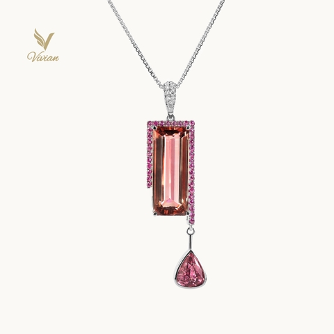 Dây chuyền vàng trắng 18K, viên chủ Tourmaline bicolour, viên phụ Spinel phấn hồng