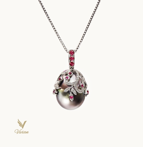 Dây chuyền vàng trắng 18K, mặt dây trai biển Tahiti, Ruby tấm và kim cương thiên nhiên