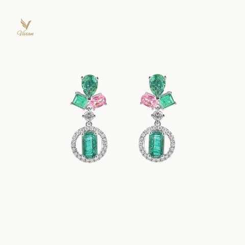Hoa tai vàng trắng 18K, viên chủ Emerald thiên nhiên, viên phụ Spinel thiên nhiên và kim cương thiên nhiên