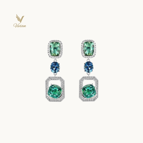 Hoa tai vàng trắng 18K, viên chủ Sapphire thiên nhiên, viên phụ thạch anh xanh, tourmaline và kim cương thiên nhiên