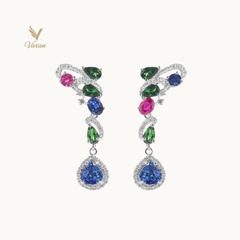 Hoa tai vàng trắng 18K, gắn Sapphire thiên nhiên màu lam đậm, viên phụ Ruby, Sapphire, Garnet thiên nhiên và kim cương thiên nhiên