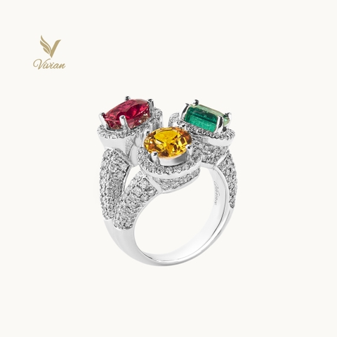 Nhẫn vàng trắng 18K gắn viên Emerald, Sapphire và Spinel thiên nhiên, và kim cương thiên nhiên